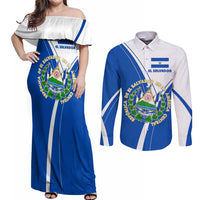El Salvador National Flag Couples Matching Off Shoulder Maxi Dress and Long Sleeve Button Shirt with Coat of Arms and Blue White Stripes Design - Wonder Print Shop