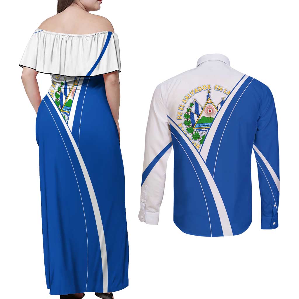 El Salvador National Flag Couples Matching Off Shoulder Maxi Dress and Long Sleeve Button Shirt with Coat of Arms and Blue White Stripes Design - Wonder Print Shop
