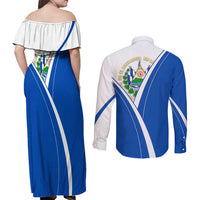 El Salvador National Flag Couples Matching Off Shoulder Maxi Dress and Long Sleeve Button Shirt with Coat of Arms and Blue White Stripes Design - Wonder Print Shop