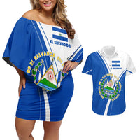 El Salvador National Flag Couples Matching Off Shoulder Short Dress and Hawaiian Shirt with Coat of Arms and Blue White Stripes Design - Wonder Print Shop
