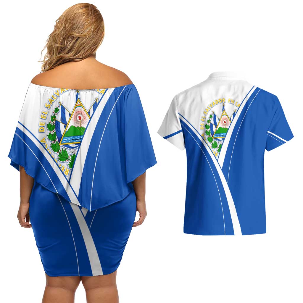 El Salvador National Flag Couples Matching Off Shoulder Short Dress and Hawaiian Shirt with Coat of Arms and Blue White Stripes Design - Wonder Print Shop