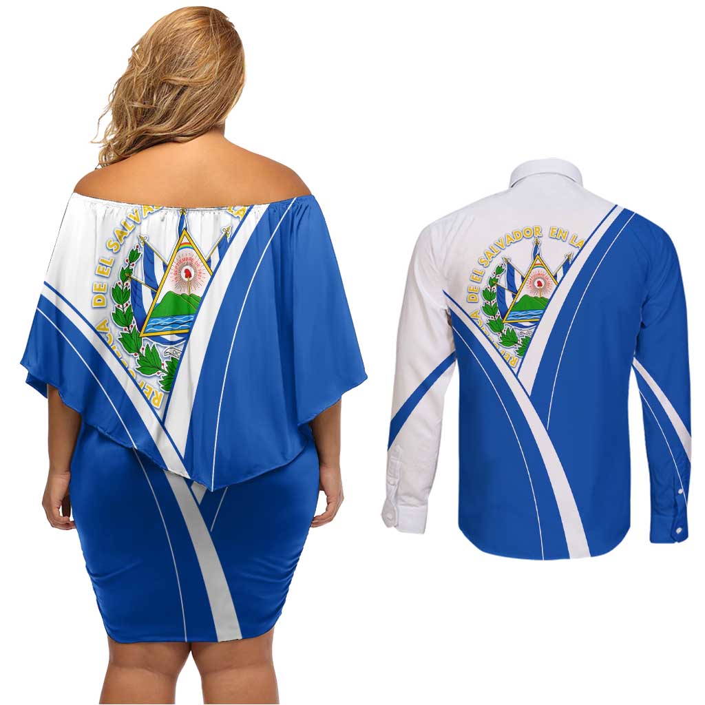 El Salvador National Flag Couples Matching Off Shoulder Short Dress and Long Sleeve Button Shirt with Coat of Arms and Blue White Stripes Design - Wonder Print Shop