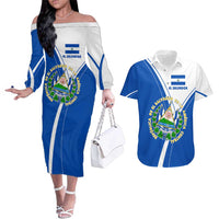 El Salvador National Flag Couples Matching Off The Shoulder Long Sleeve Dress and Hawaiian Shirt with Coat of Arms and Blue White Stripes Design - Wonder Print Shop