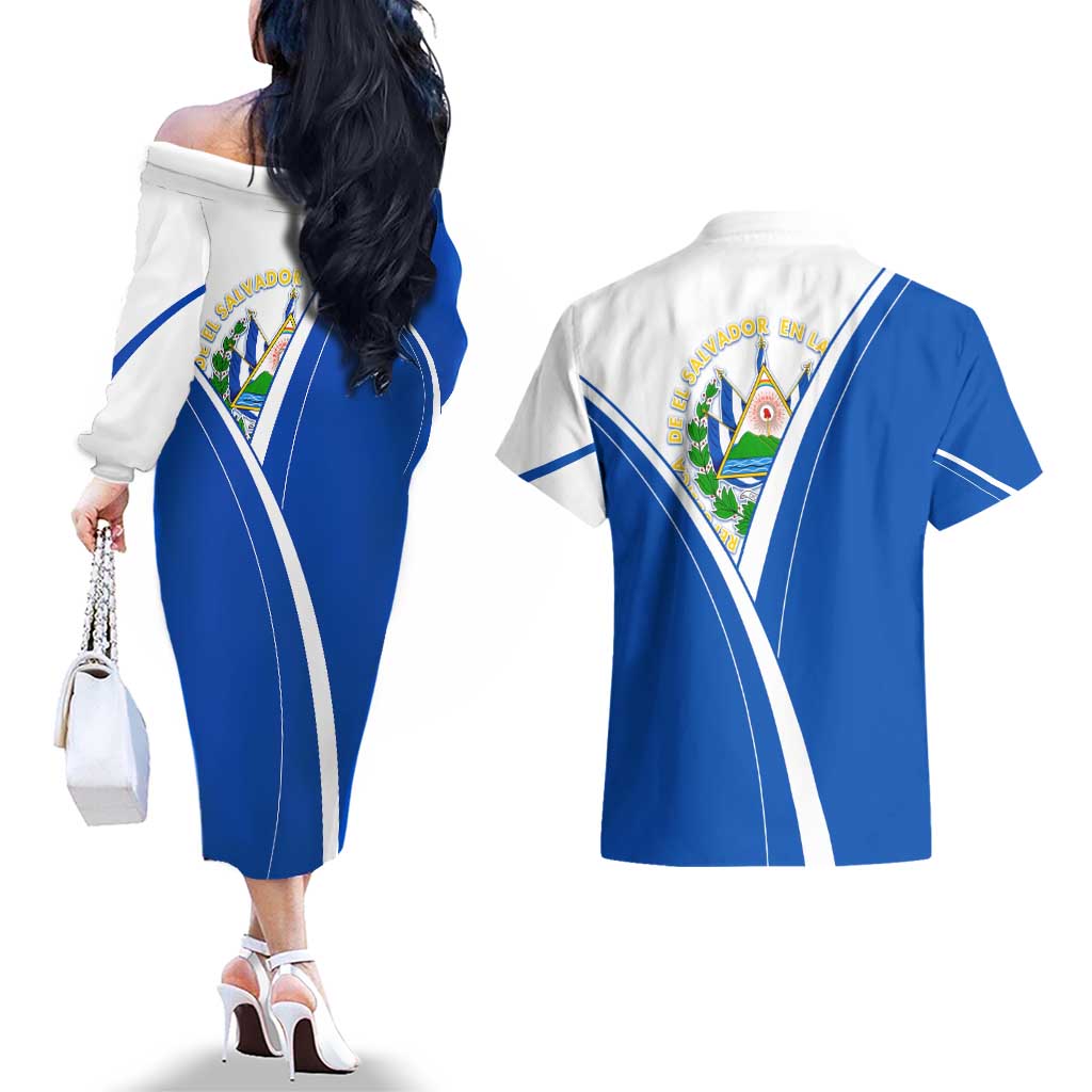 El Salvador National Flag Couples Matching Off The Shoulder Long Sleeve Dress and Hawaiian Shirt with Coat of Arms and Blue White Stripes Design - Wonder Print Shop