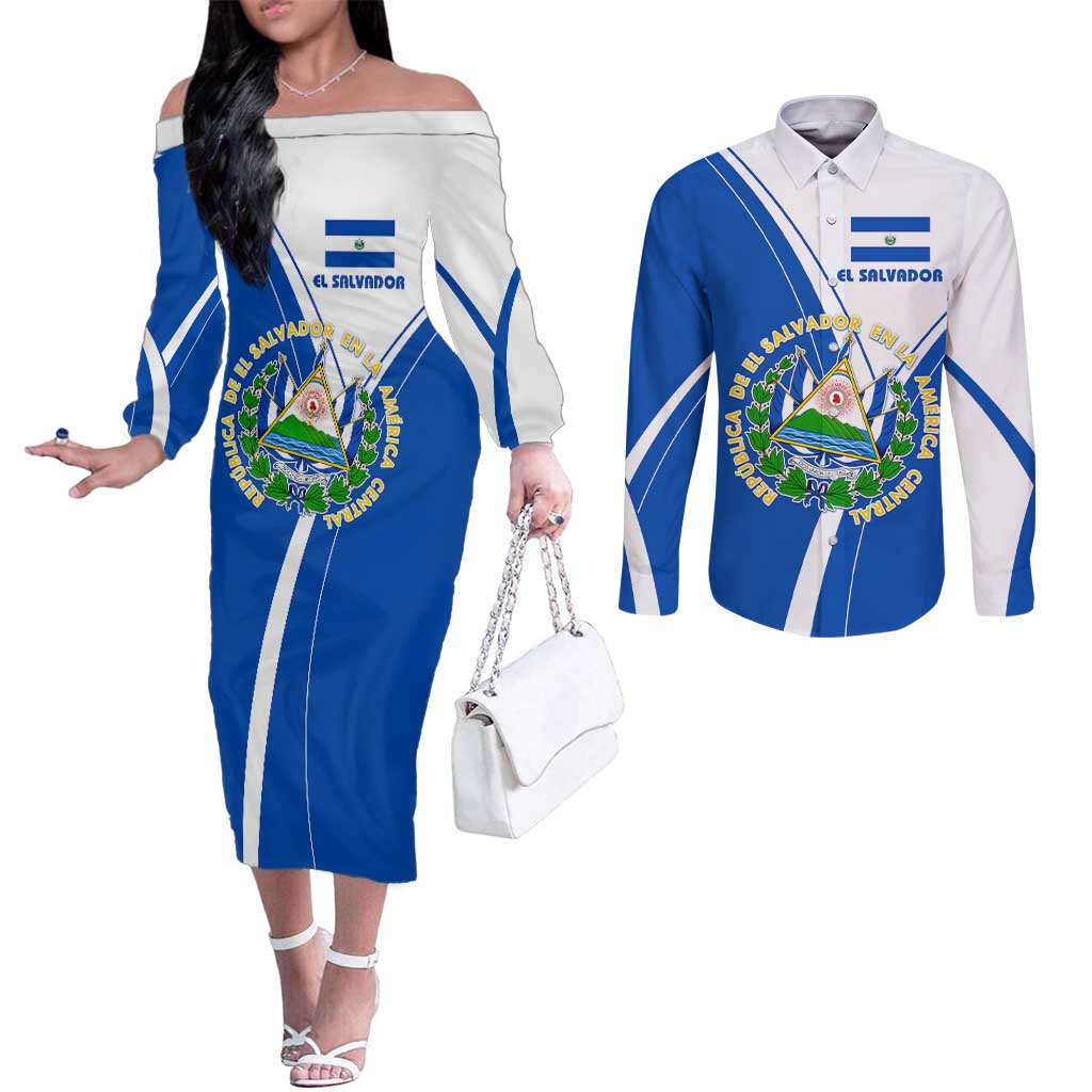 El Salvador National Flag Couples Matching Off The Shoulder Long Sleeve Dress and Long Sleeve Button Shirt with Coat of Arms and Blue White Stripes Design - Wonder Print Shop