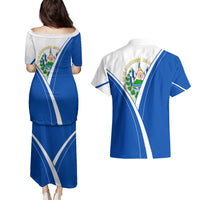 El Salvador National Flag Couples Matching Puletasi and Hawaiian Shirt with Coat of Arms and Blue White Stripes Design - Wonder Print Shop