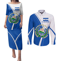 El Salvador National Flag Couples Matching Puletasi and Long Sleeve Button Shirt with Coat of Arms and Blue White Stripes Design - Wonder Print Shop