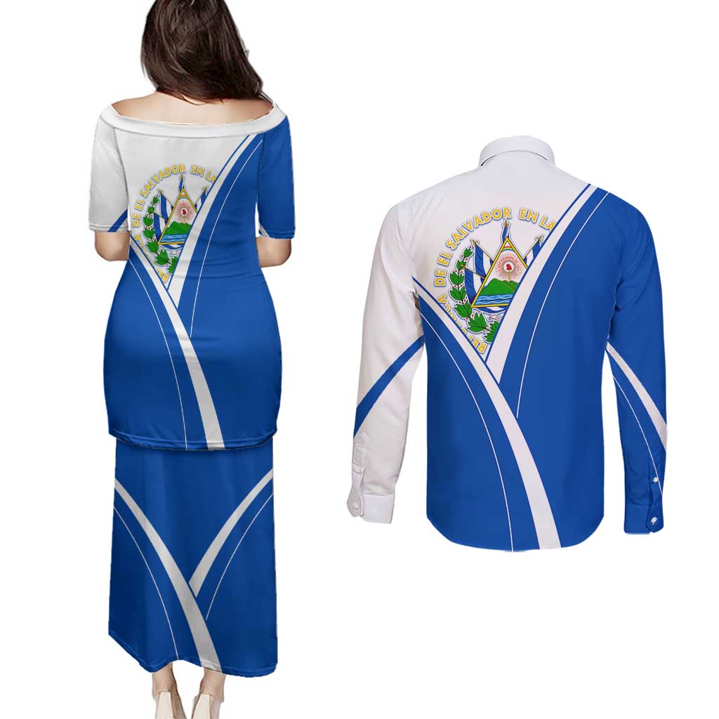 El Salvador National Flag Couples Matching Puletasi and Long Sleeve Button Shirt with Coat of Arms and Blue White Stripes Design - Wonder Print Shop