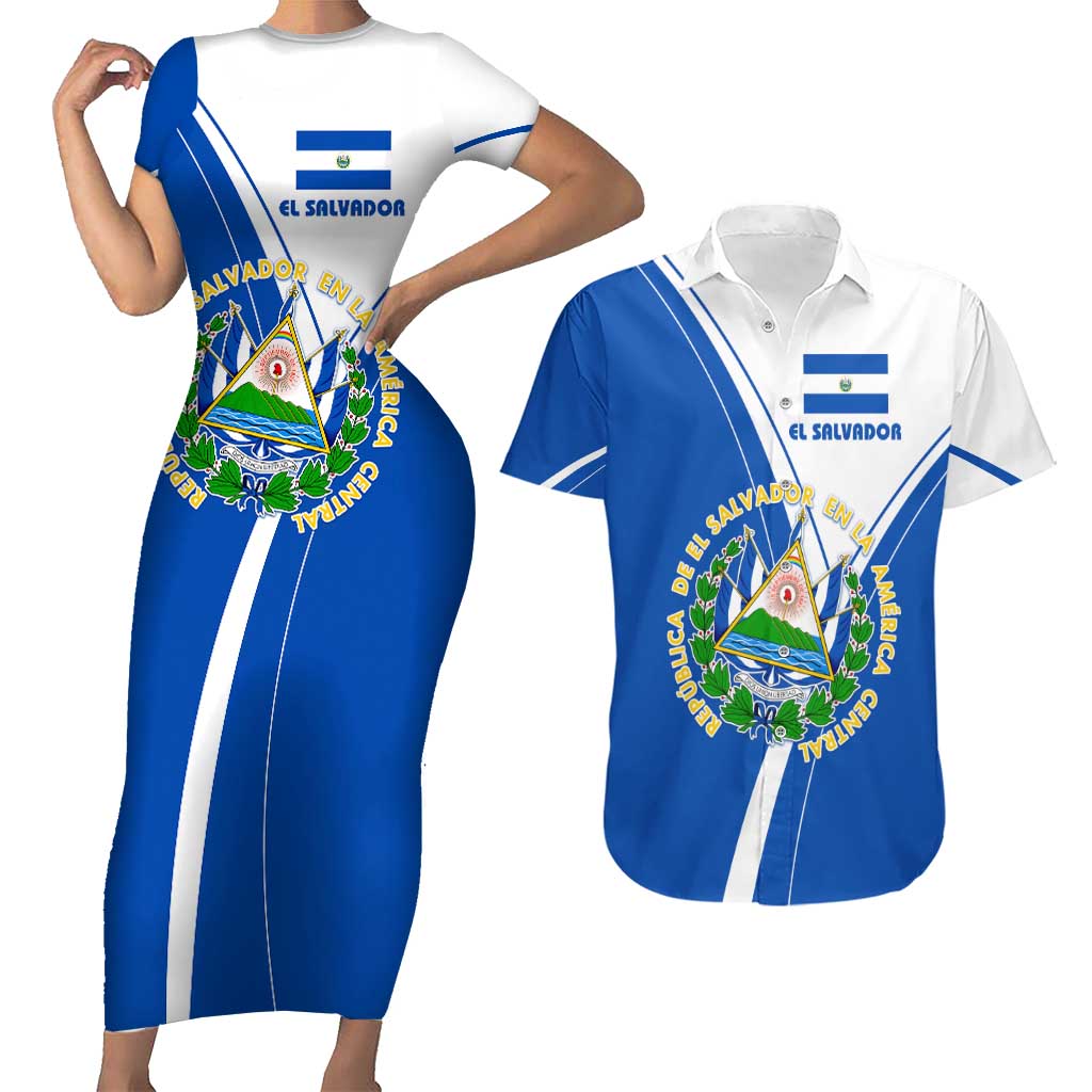 El Salvador National Flag Couples Matching Short Sleeve Bodycon Dress and Hawaiian Shirt with Coat of Arms and Blue White Stripes Design - Wonder Print Shop