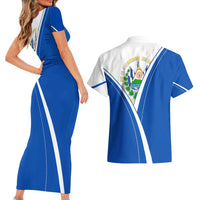 El Salvador National Flag Couples Matching Short Sleeve Bodycon Dress and Hawaiian Shirt with Coat of Arms and Blue White Stripes Design - Wonder Print Shop