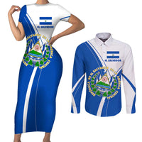 El Salvador National Flag Couples Matching Short Sleeve Bodycon Dress and Long Sleeve Button Shirt with Coat of Arms and Blue White Stripes Design - Wonder Print Shop