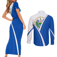 El Salvador National Flag Couples Matching Short Sleeve Bodycon Dress and Long Sleeve Button Shirt with Coat of Arms and Blue White Stripes Design - Wonder Print Shop