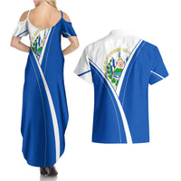 El Salvador National Flag Couples Matching Summer Maxi Dress and Hawaiian Shirt with Coat of Arms and Blue White Stripes Design - Wonder Print Shop