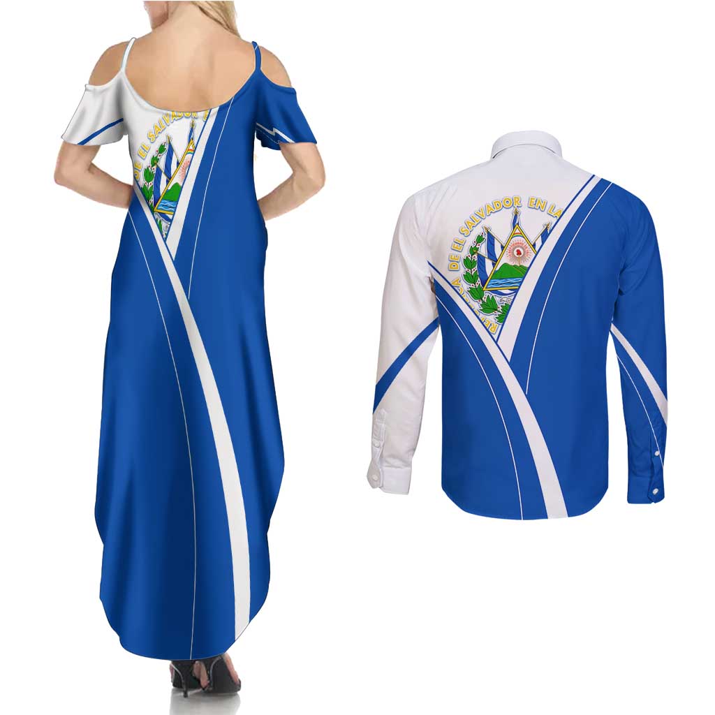 El Salvador National Flag Couples Matching Summer Maxi Dress and Long Sleeve Button Shirt with Coat of Arms and Blue White Stripes Design - Wonder Print Shop