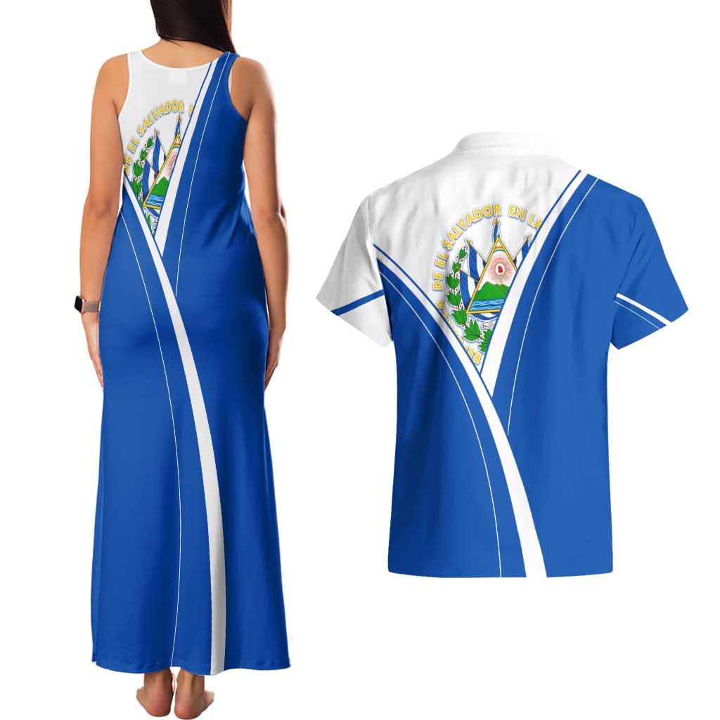 El Salvador National Flag Couples Matching Tank Maxi Dress and Hawaiian Shirt with Coat of Arms and Blue White Stripes Design - Wonder Print Shop