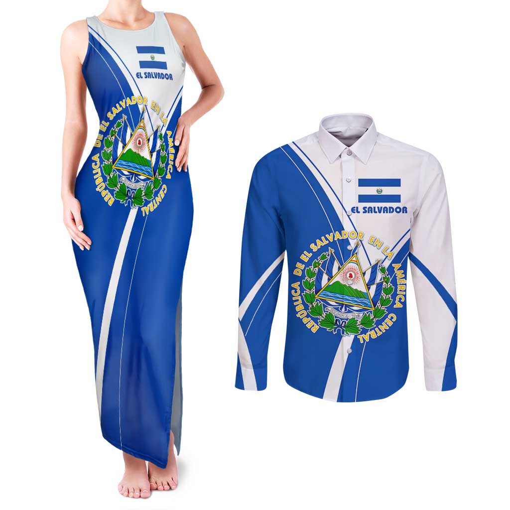 El Salvador National Flag Couples Matching Tank Maxi Dress and Long Sleeve Button Shirt with Coat of Arms and Blue White Stripes Design - Wonder Print Shop