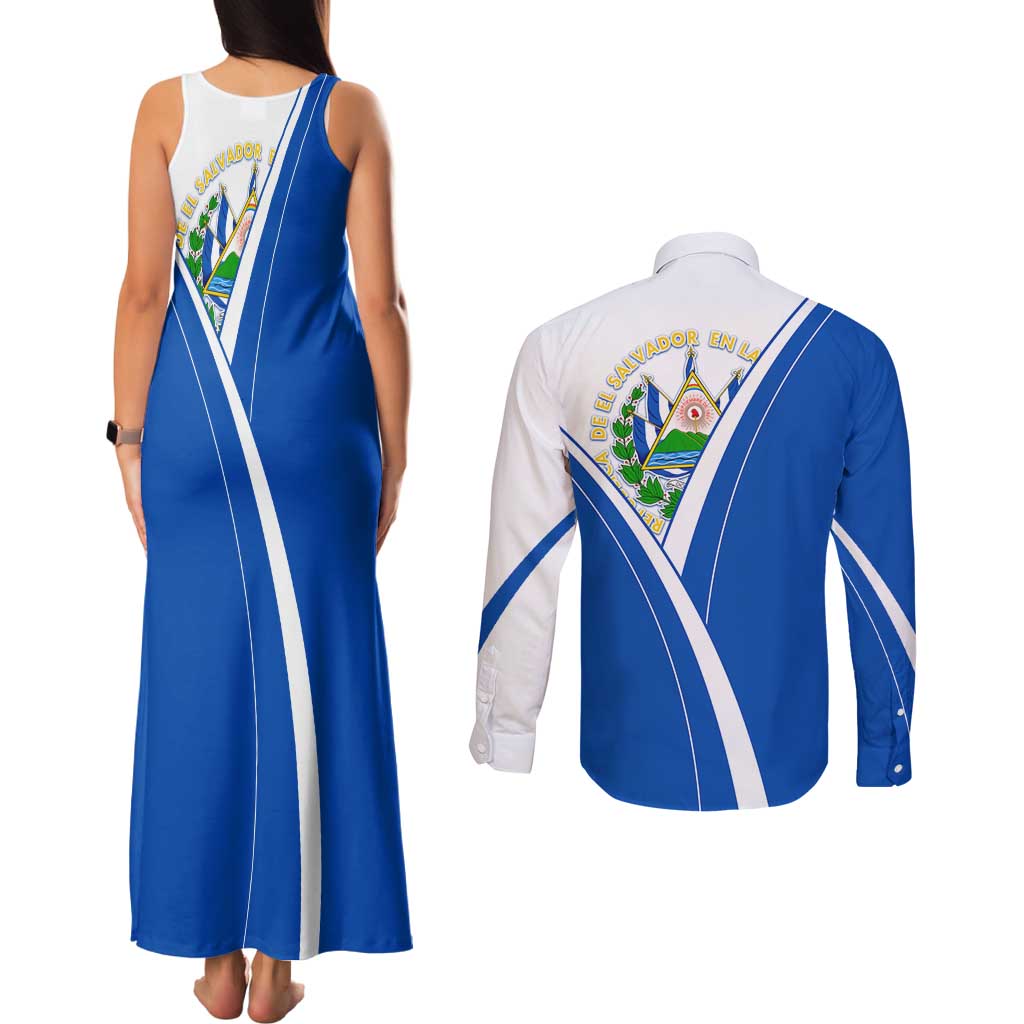 El Salvador National Flag Couples Matching Tank Maxi Dress and Long Sleeve Button Shirt with Coat of Arms and Blue White Stripes Design - Wonder Print Shop