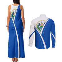 El Salvador National Flag Couples Matching Tank Maxi Dress and Long Sleeve Button Shirt with Coat of Arms and Blue White Stripes Design - Wonder Print Shop
