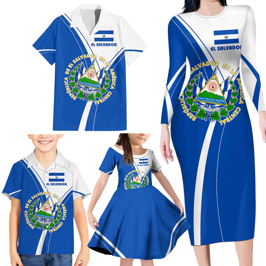 El Salvador National Flag Family Matching Long Sleeve Bodycon Dress and Hawaiian Shirt with Coat of Arms and Blue White Stripes Design - Wonder Print Shop
