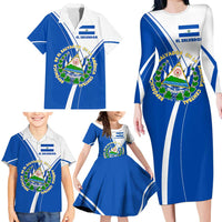 El Salvador National Flag Family Matching Long Sleeve Bodycon Dress and Hawaiian Shirt with Coat of Arms and Blue White Stripes Design - Wonder Print Shop