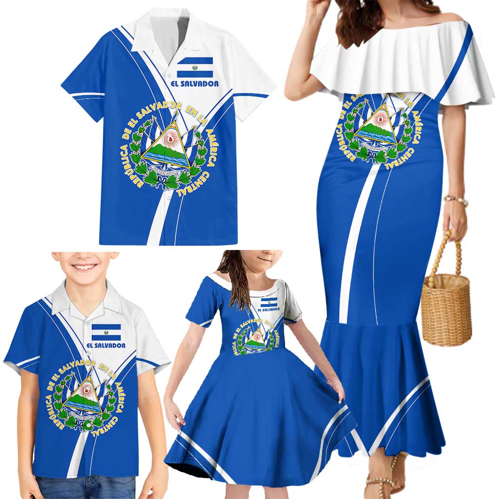 El Salvador National Flag Family Matching Mermaid Dress and Hawaiian Shirt with Coat of Arms and Blue White Stripes Design - Wonder Print Shop