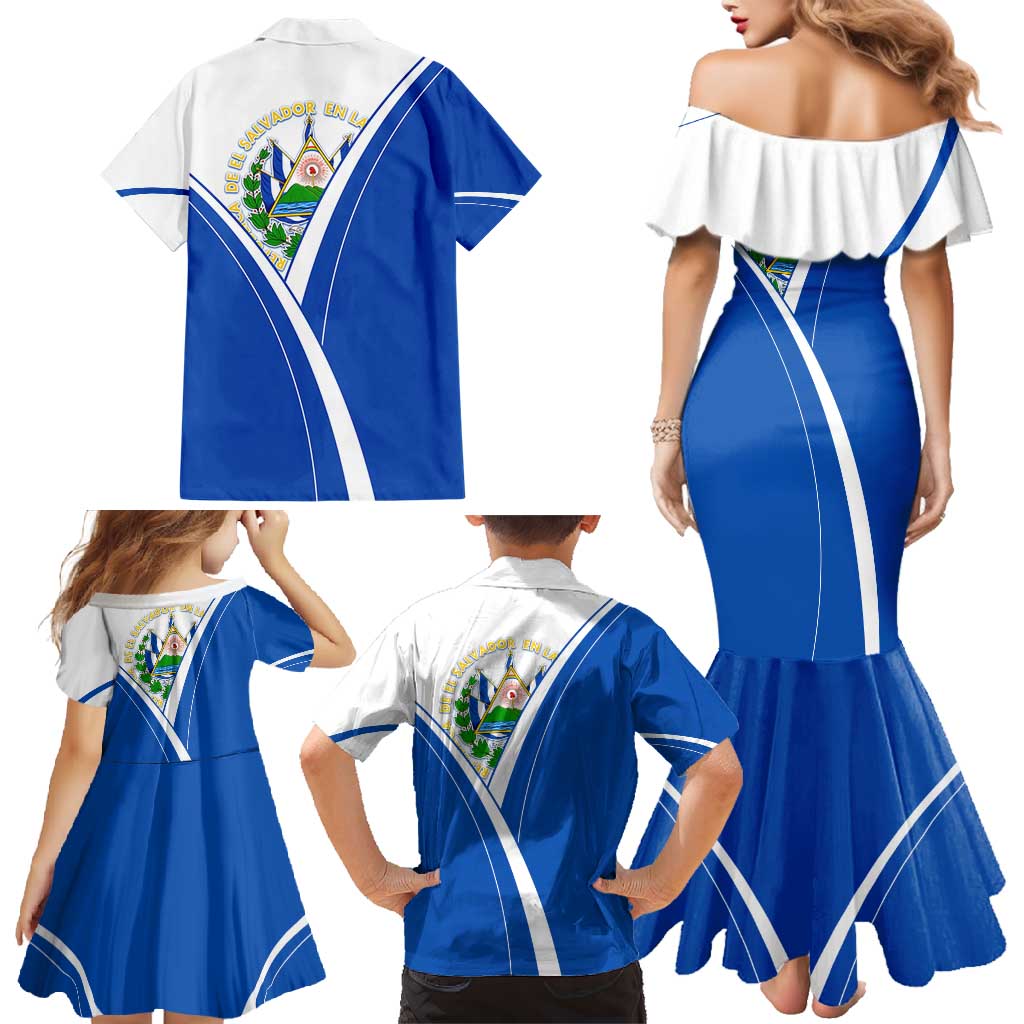 El Salvador National Flag Family Matching Mermaid Dress and Hawaiian Shirt with Coat of Arms and Blue White Stripes Design - Wonder Print Shop