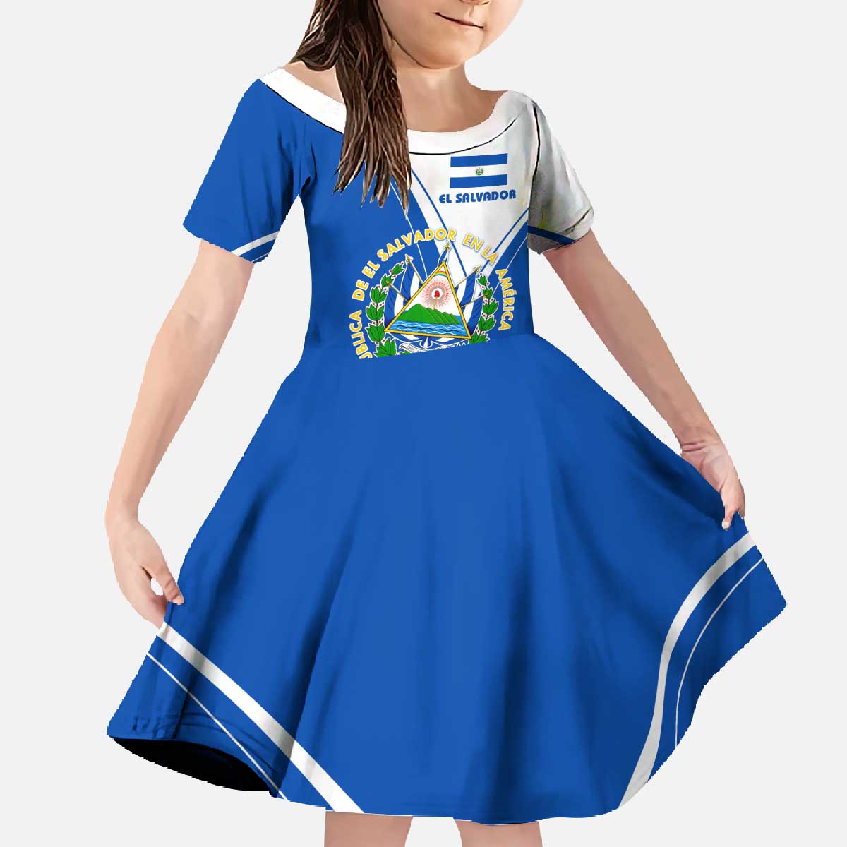 El Salvador National Flag Family Matching Off The Shoulder Long Sleeve Dress and Hawaiian Shirt with Coat of Arms and Blue White Stripes Design - Wonder Print Shop