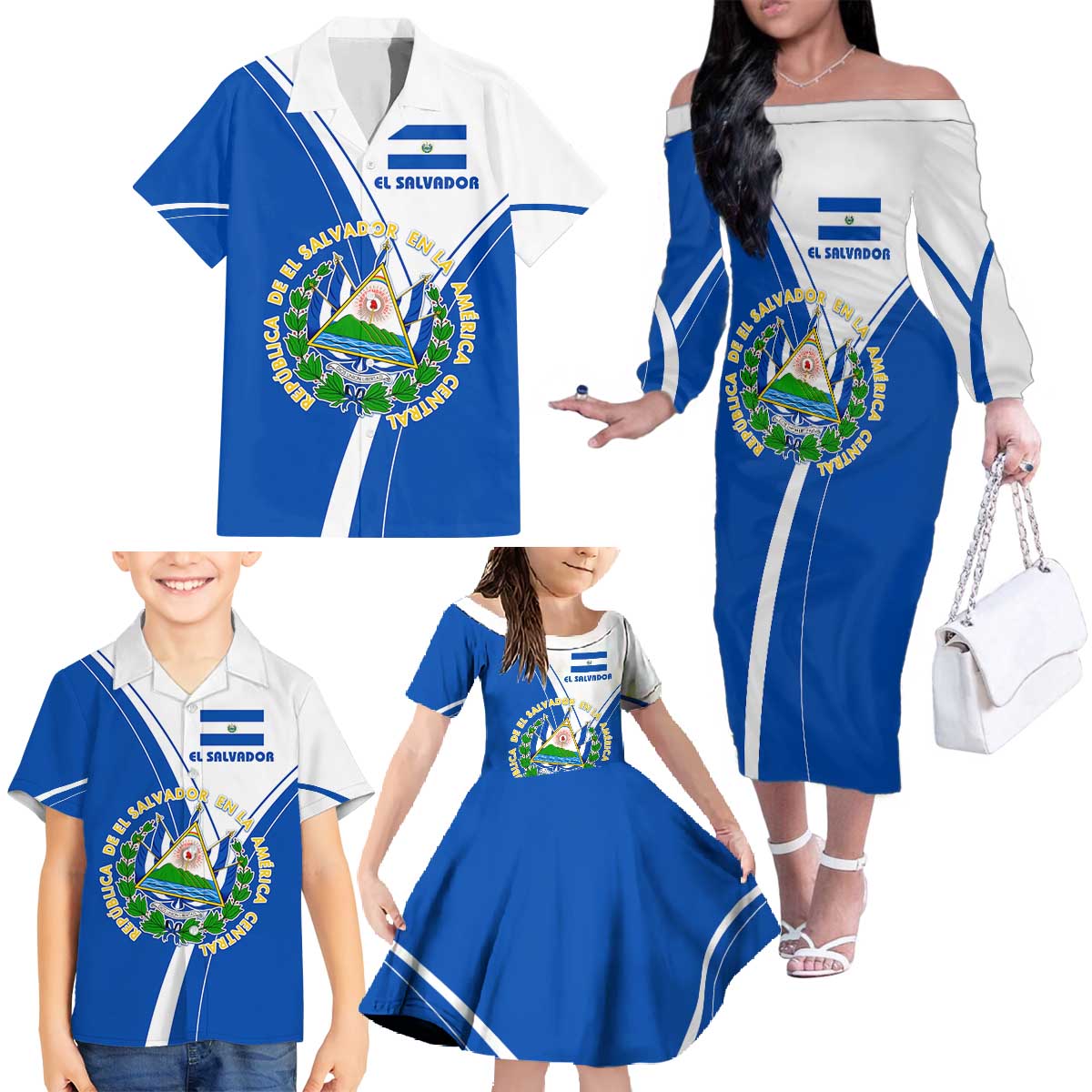 El Salvador National Flag Family Matching Off The Shoulder Long Sleeve Dress and Hawaiian Shirt with Coat of Arms and Blue White Stripes Design - Wonder Print Shop