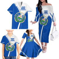 El Salvador National Flag Family Matching Off The Shoulder Long Sleeve Dress and Hawaiian Shirt with Coat of Arms and Blue White Stripes Design - Wonder Print Shop
