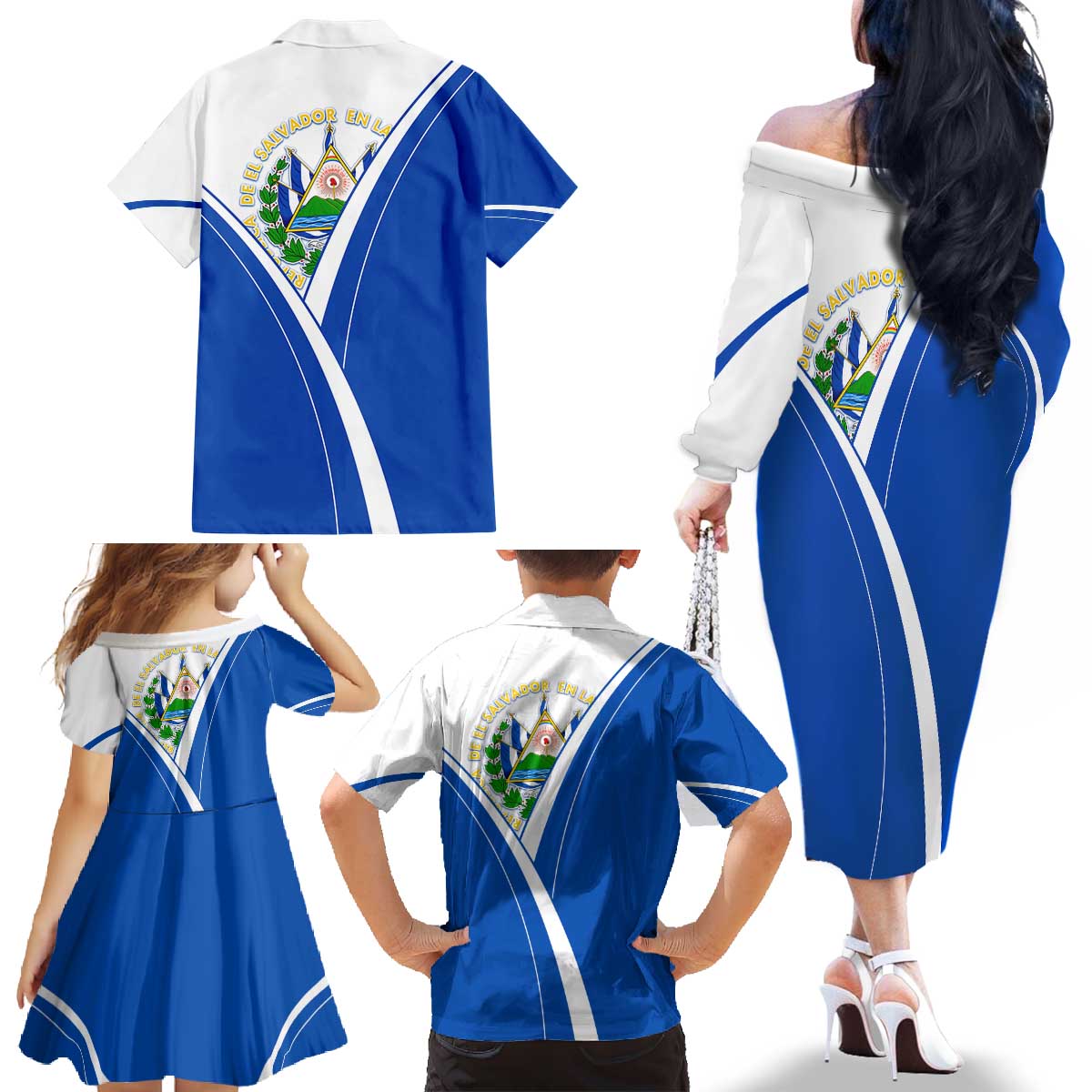El Salvador National Flag Family Matching Off The Shoulder Long Sleeve Dress and Hawaiian Shirt with Coat of Arms and Blue White Stripes Design - Wonder Print Shop