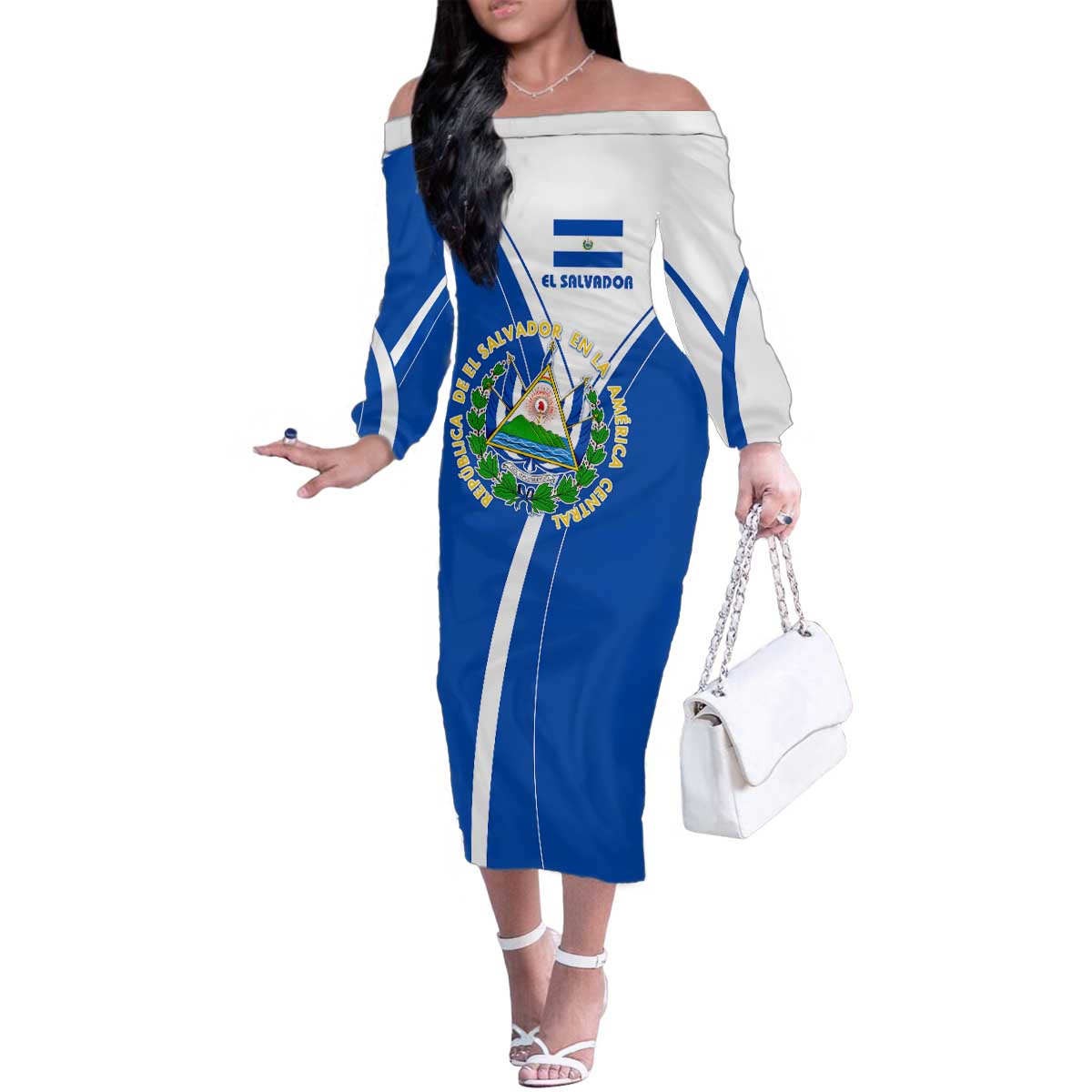 El Salvador National Flag Family Matching Off The Shoulder Long Sleeve Dress and Hawaiian Shirt with Coat of Arms and Blue White Stripes Design - Wonder Print Shop