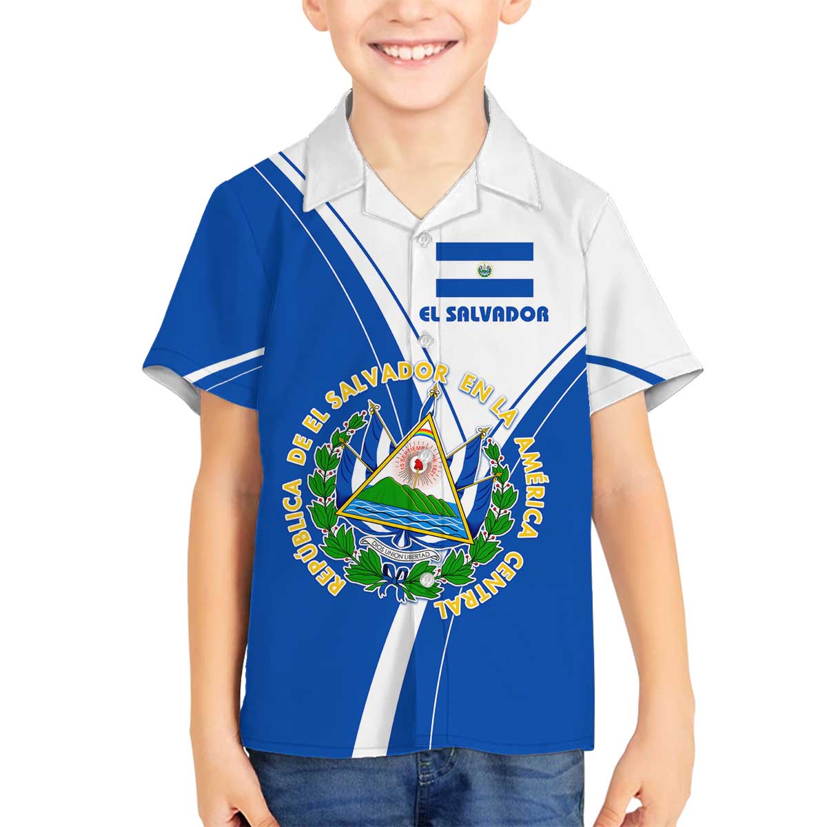 El Salvador National Flag Family Matching Off The Shoulder Long Sleeve Dress and Hawaiian Shirt with Coat of Arms and Blue White Stripes Design - Wonder Print Shop