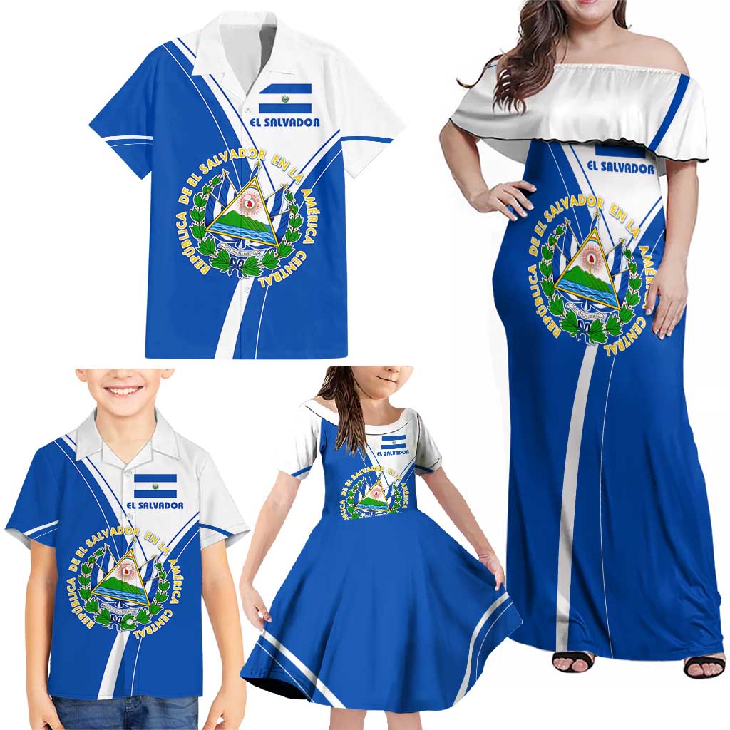 El Salvador National Flag Family Matching Off Shoulder Maxi Dress and Hawaiian Shirt with Coat of Arms and Blue White Stripes Design - Wonder Print Shop