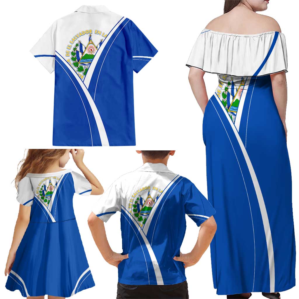 El Salvador National Flag Family Matching Off Shoulder Maxi Dress and Hawaiian Shirt with Coat of Arms and Blue White Stripes Design - Wonder Print Shop