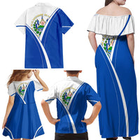 El Salvador National Flag Family Matching Off Shoulder Maxi Dress and Hawaiian Shirt with Coat of Arms and Blue White Stripes Design - Wonder Print Shop