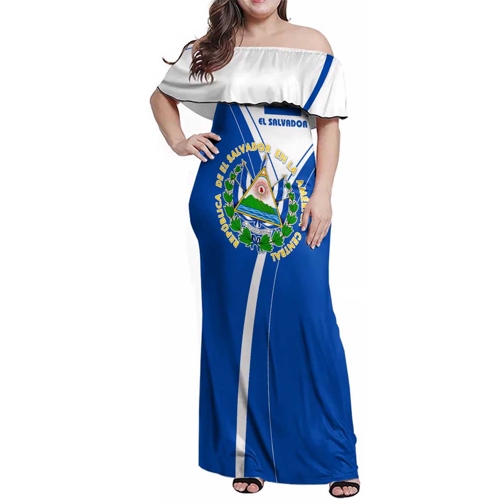 El Salvador National Flag Family Matching Off Shoulder Maxi Dress and Hawaiian Shirt with Coat of Arms and Blue White Stripes Design - Wonder Print Shop