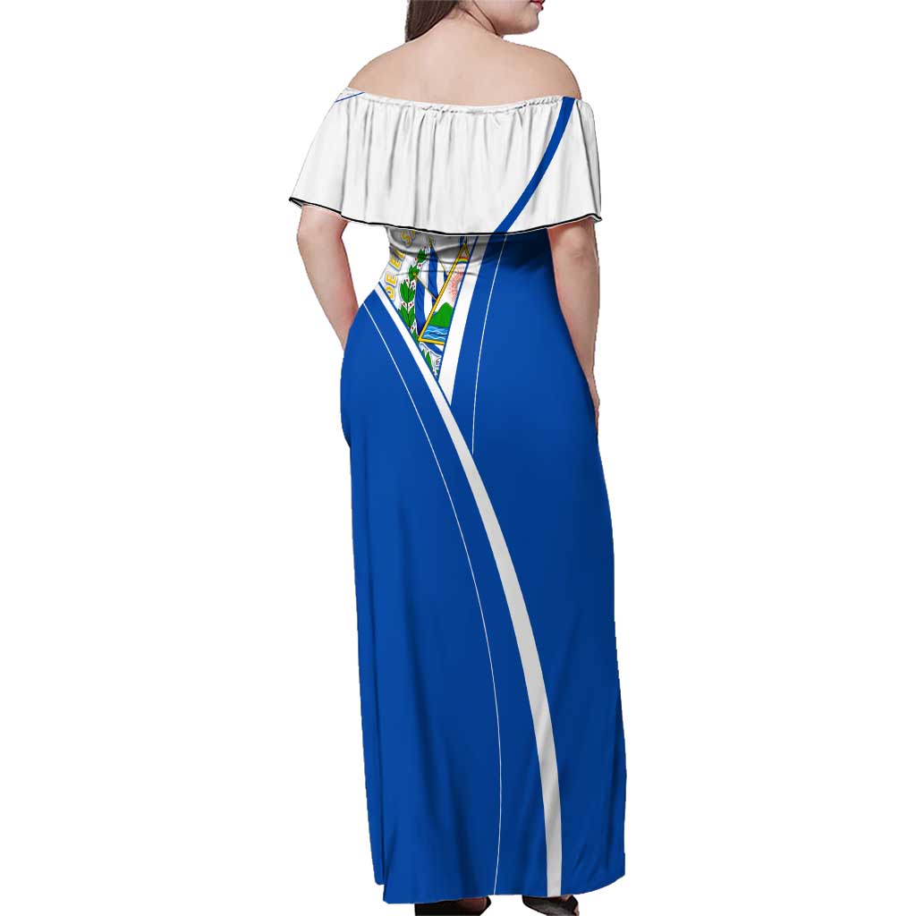 El Salvador National Flag Family Matching Off Shoulder Maxi Dress and Hawaiian Shirt with Coat of Arms and Blue White Stripes Design - Wonder Print Shop