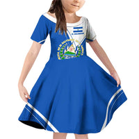 El Salvador National Flag Family Matching Off Shoulder Short Dress and Hawaiian Shirt with Coat of Arms and Blue White Stripes Design - Wonder Print Shop