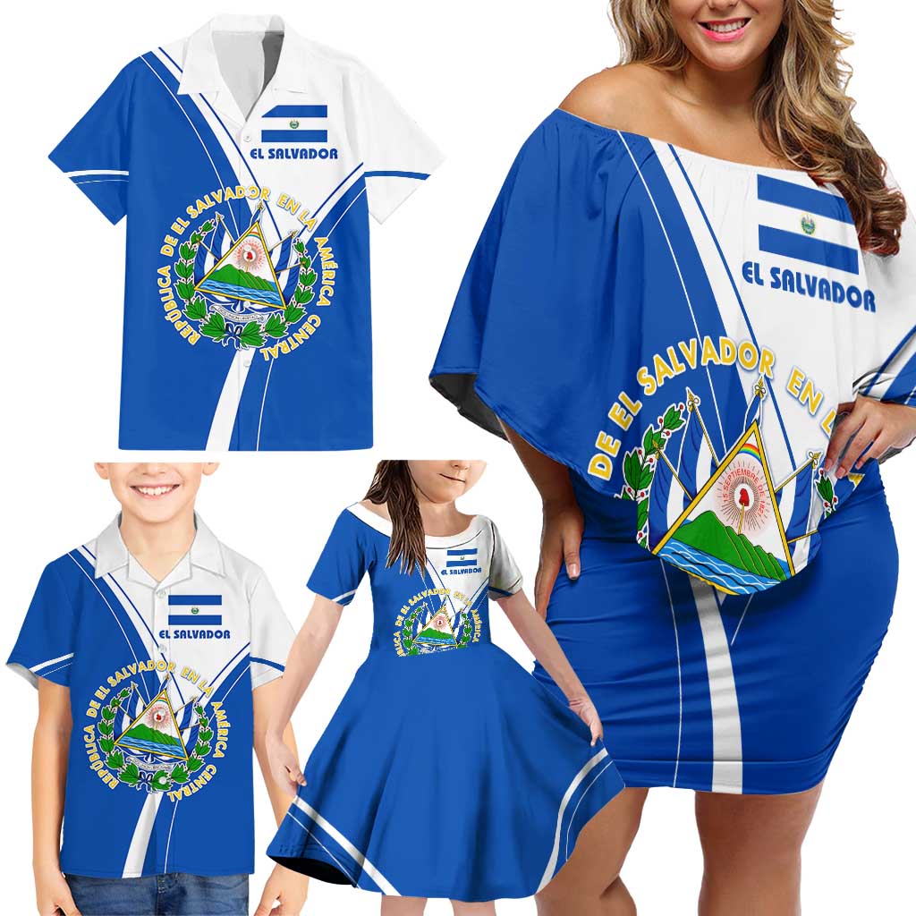 El Salvador National Flag Family Matching Off Shoulder Short Dress and Hawaiian Shirt with Coat of Arms and Blue White Stripes Design - Wonder Print Shop