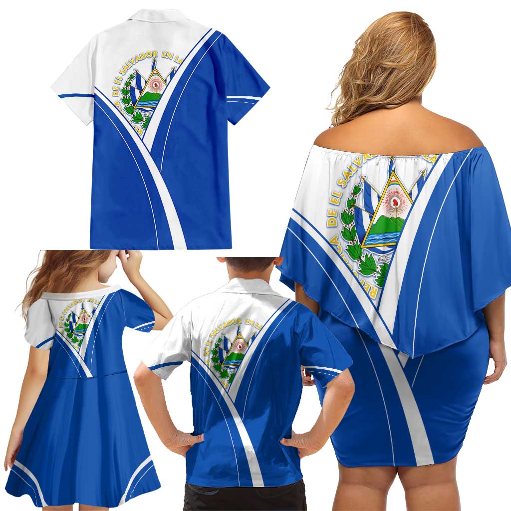 El Salvador National Flag Family Matching Off Shoulder Short Dress and Hawaiian Shirt with Coat of Arms and Blue White Stripes Design - Wonder Print Shop