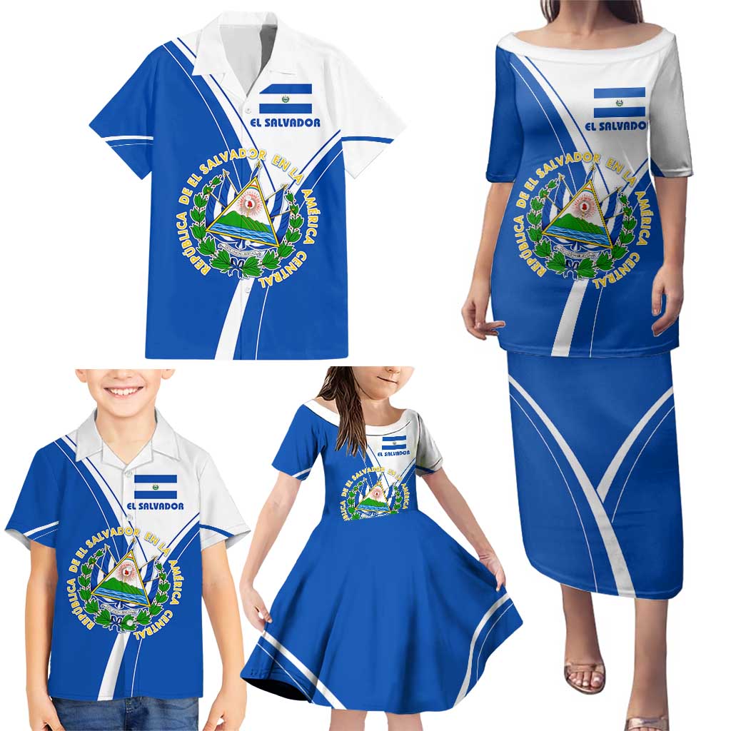 El Salvador National Flag Family Matching Puletasi and Hawaiian Shirt with Coat of Arms and Blue White Stripes Design - Wonder Print Shop