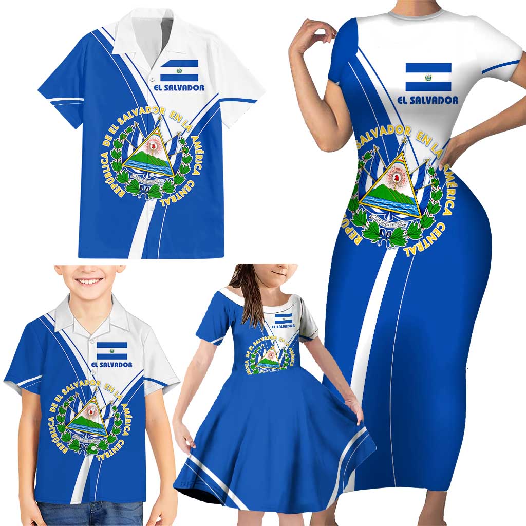 El Salvador National Flag Family Matching Short Sleeve Bodycon Dress and Hawaiian Shirt with Coat of Arms and Blue White Stripes Design - Wonder Print Shop