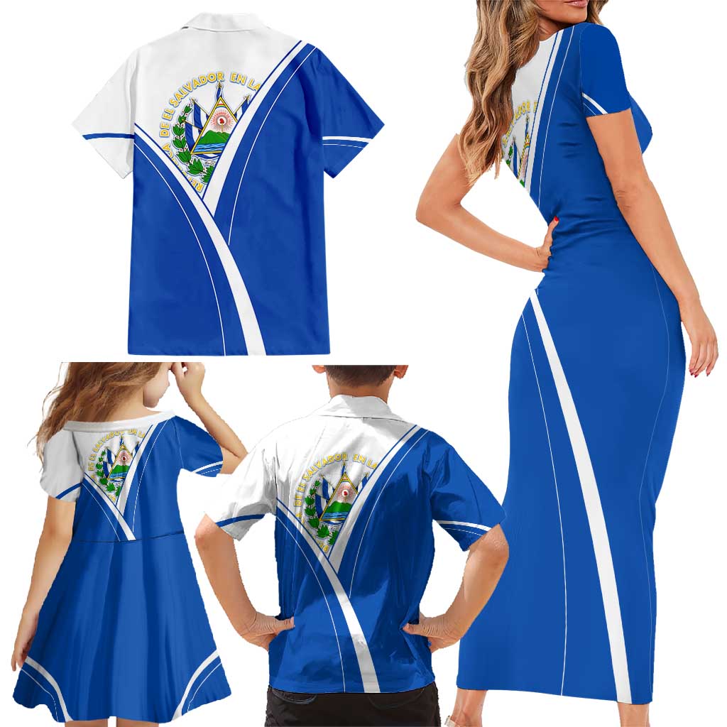 El Salvador National Flag Family Matching Short Sleeve Bodycon Dress and Hawaiian Shirt with Coat of Arms and Blue White Stripes Design - Wonder Print Shop
