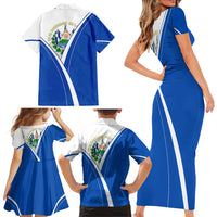 El Salvador National Flag Family Matching Short Sleeve Bodycon Dress and Hawaiian Shirt with Coat of Arms and Blue White Stripes Design - Wonder Print Shop