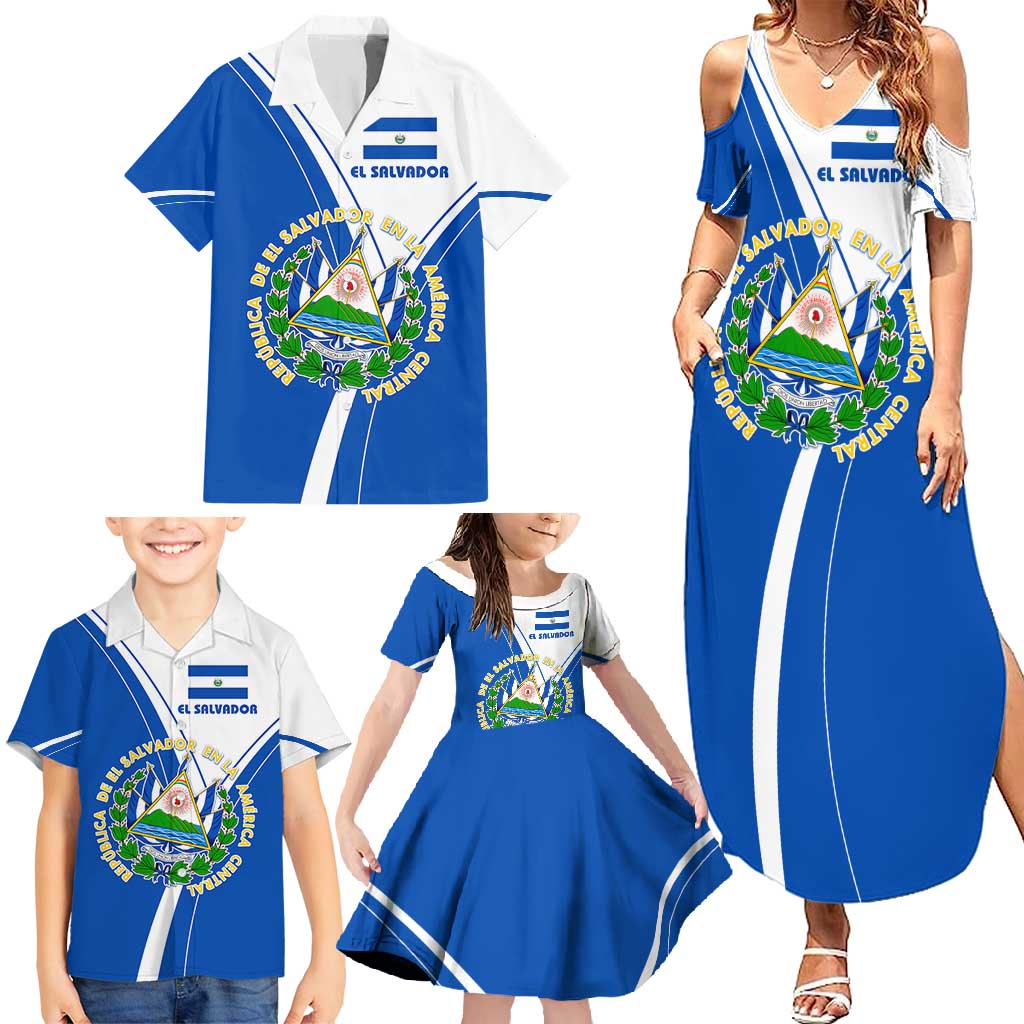 El Salvador National Flag Family Matching Summer Maxi Dress and Hawaiian Shirt with Coat of Arms and Blue White Stripes Design - Wonder Print Shop