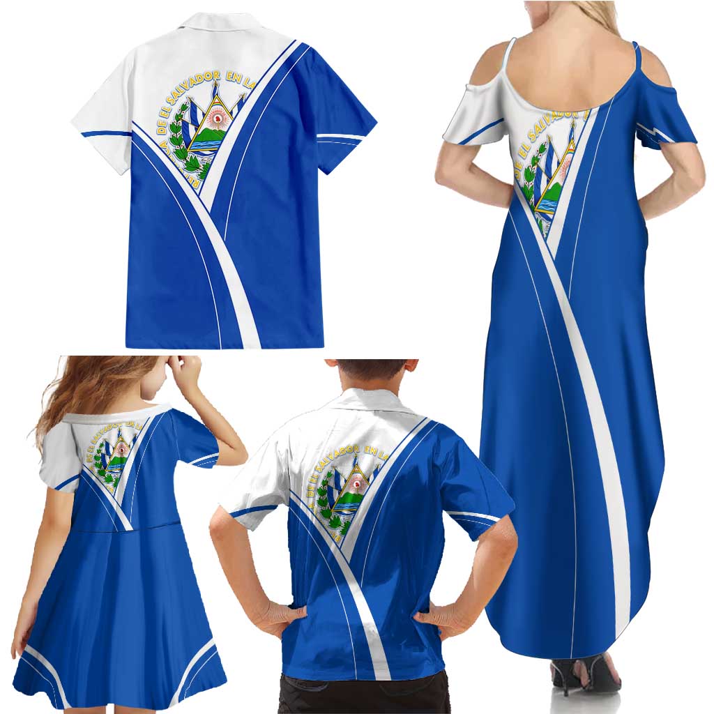 El Salvador National Flag Family Matching Summer Maxi Dress and Hawaiian Shirt with Coat of Arms and Blue White Stripes Design - Wonder Print Shop
