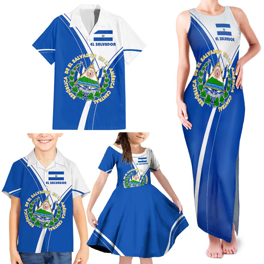 El Salvador National Flag Family Matching Tank Maxi Dress and Hawaiian Shirt with Coat of Arms and Blue White Stripes Design - Wonder Print Shop