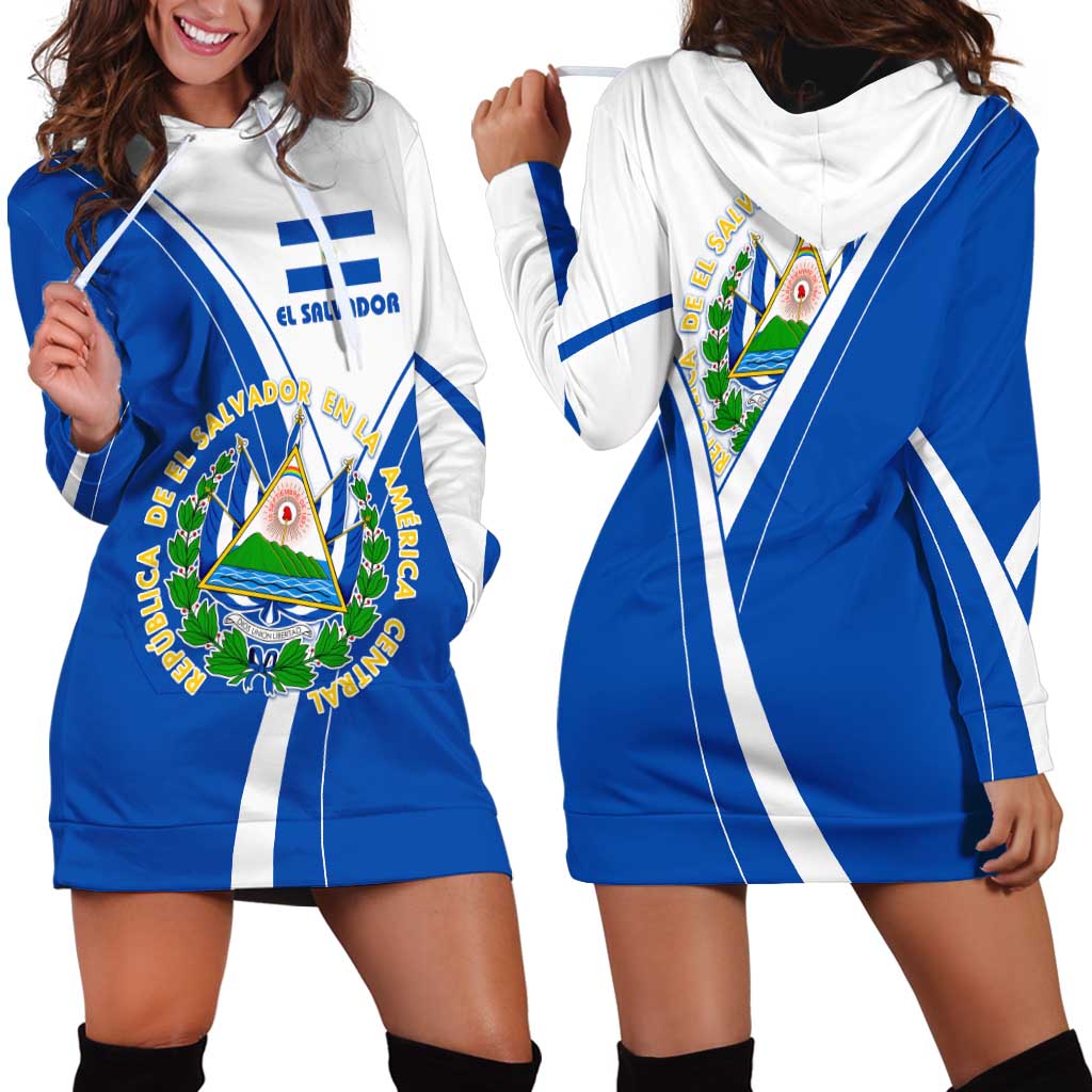 El Salvador National Flag Hoodie Dress with Coat of Arms and Blue White Stripes Design - Wonder Print Shop