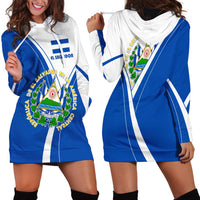 El Salvador National Flag Hoodie Dress with Coat of Arms and Blue White Stripes Design - Wonder Print Shop