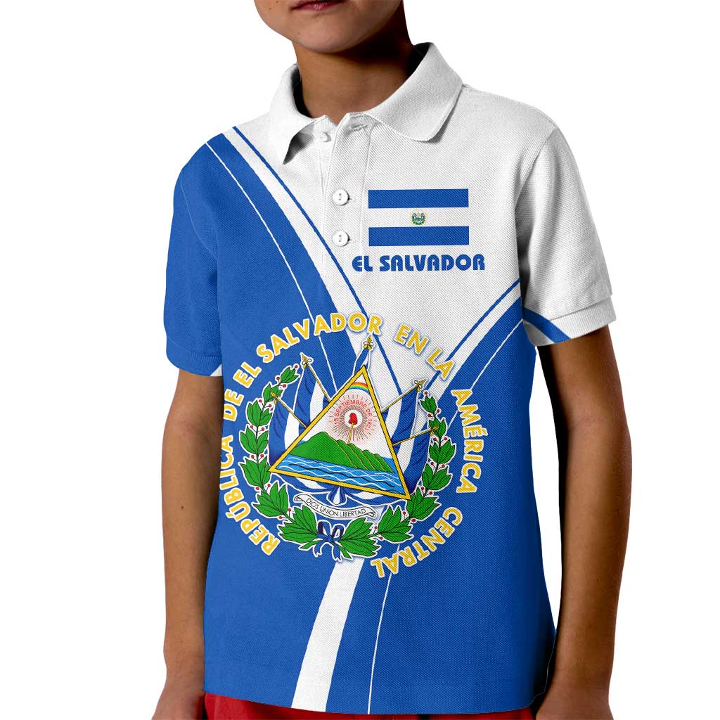 El Salvador National Flag Kid Polo Shirt with Coat of Arms and Blue White Stripes Design - Wonder Print Shop
